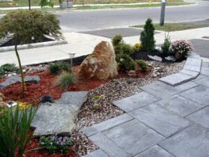 Beautiful Landscapes with Landscaping project in front of the house, rock garden, travertine tiles, planting evergreens design